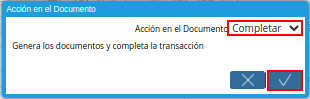 acción completar y opción ok