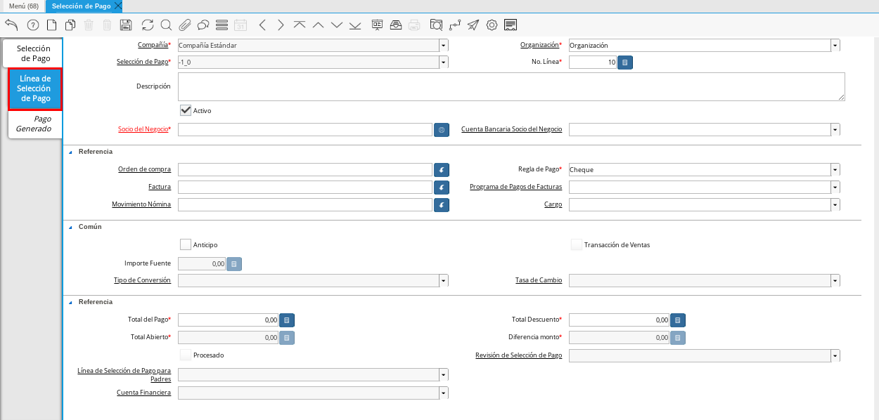 Pestaña Línea de Selección de Pago 1