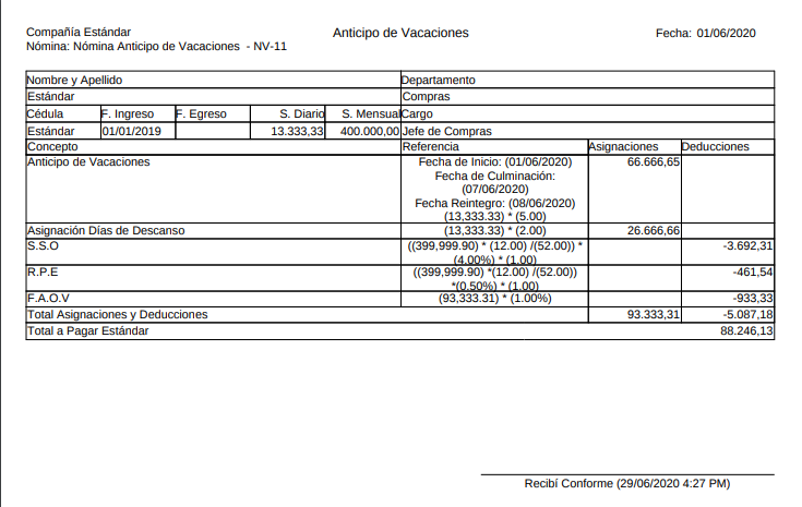 Recibo de Pago Nómina Anticipo de Vacaciones