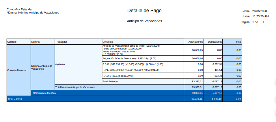 Detalle de Pago Nómina Anticipo de Vacaciones