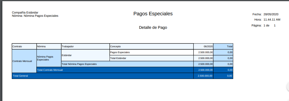 Detalle de Pago Nómina Pagos Especiales