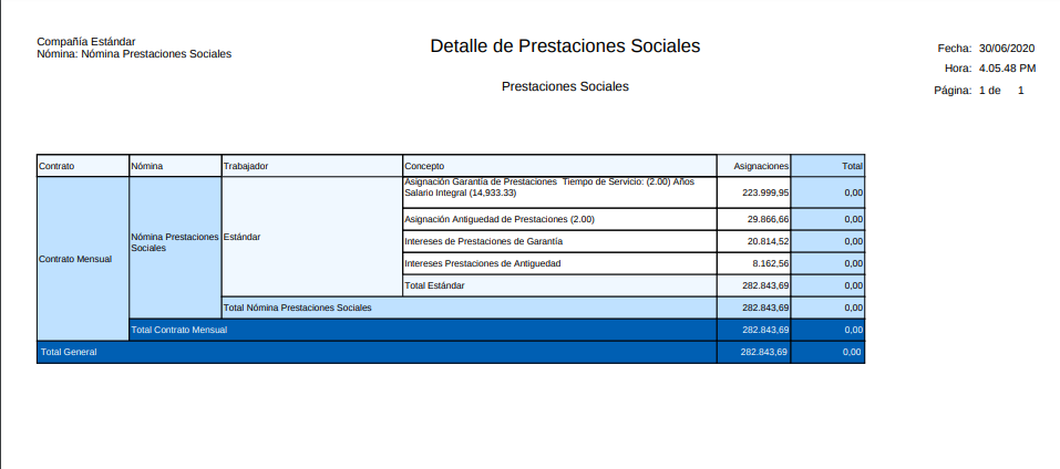 Detalle de Pago Nómina Prestaciones Sociales