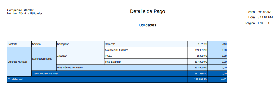 Detalle de Pago Nómina  Utilidades