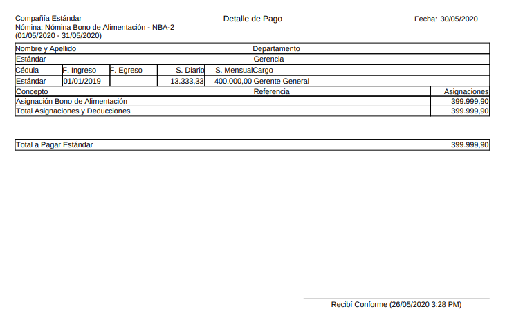 Recibo de Pago Nómina Bono de Alimentación