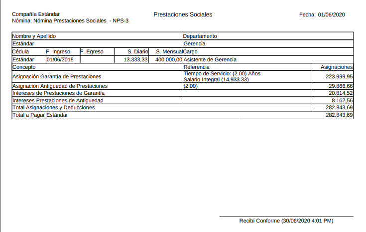 Recibo de Pago Nómina Prestaciones Sociales
