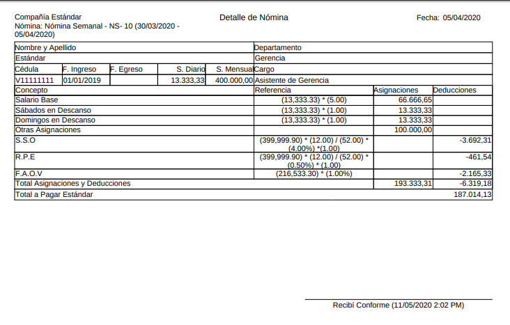 Recibo de Pago Nómina Semanal