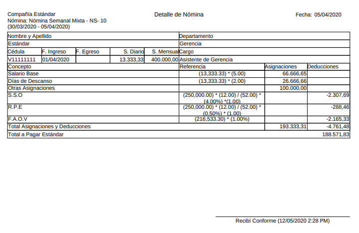 Recibo de Pago Nómina Semanal Mixta