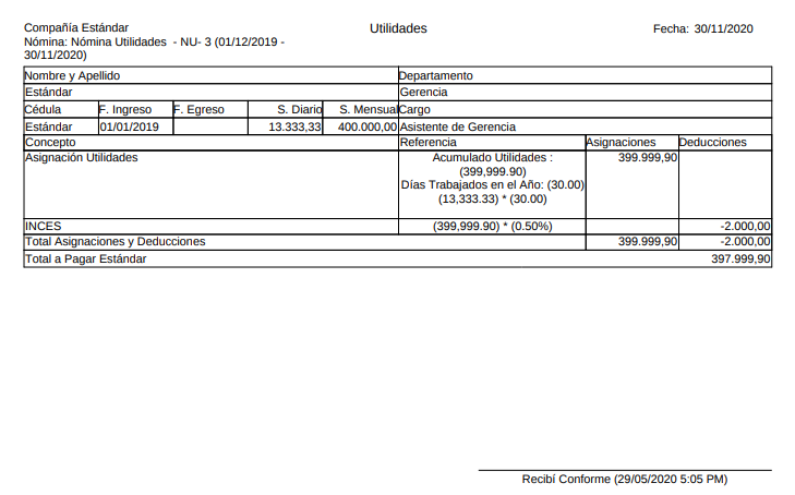 Recibo de Pago Nómina Utilidades