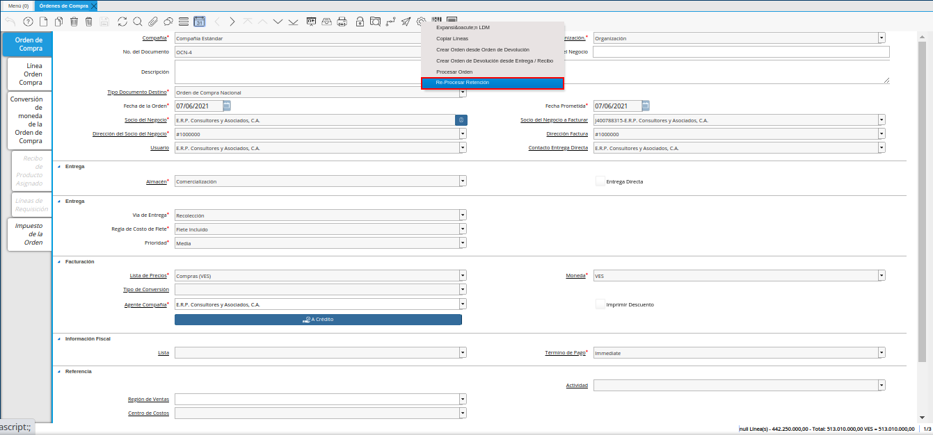 opción reprocesar retención de la orden de compra