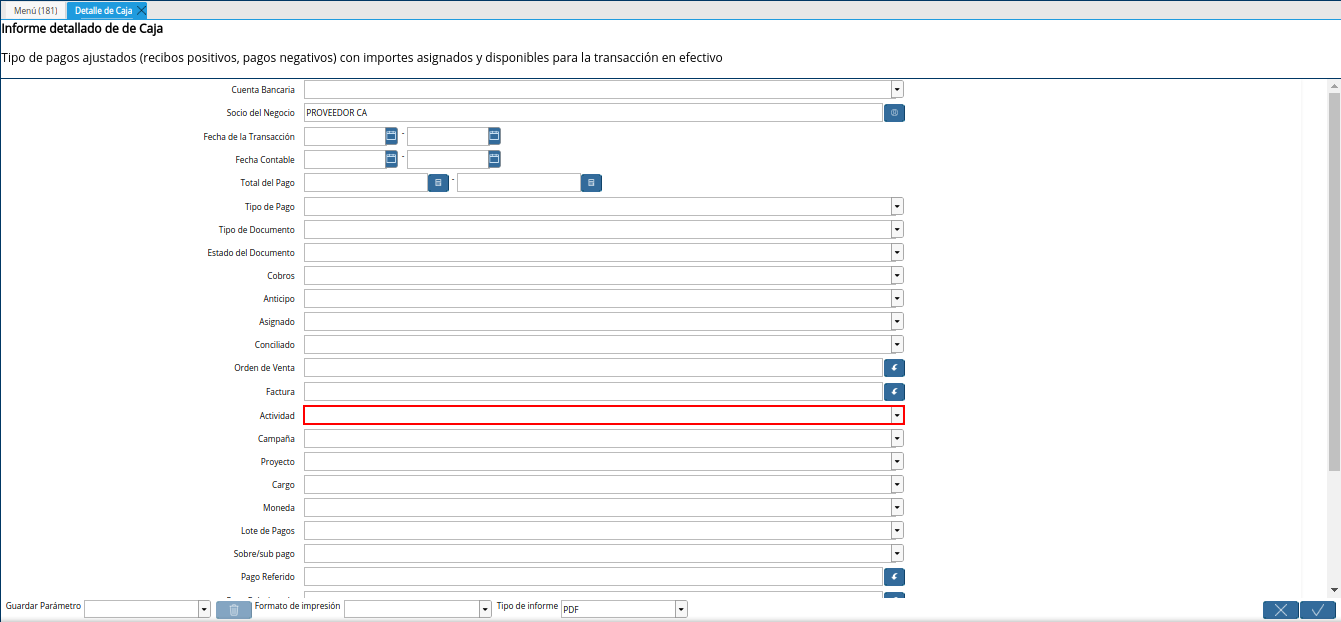 campo actividad del reporte detalle de caja