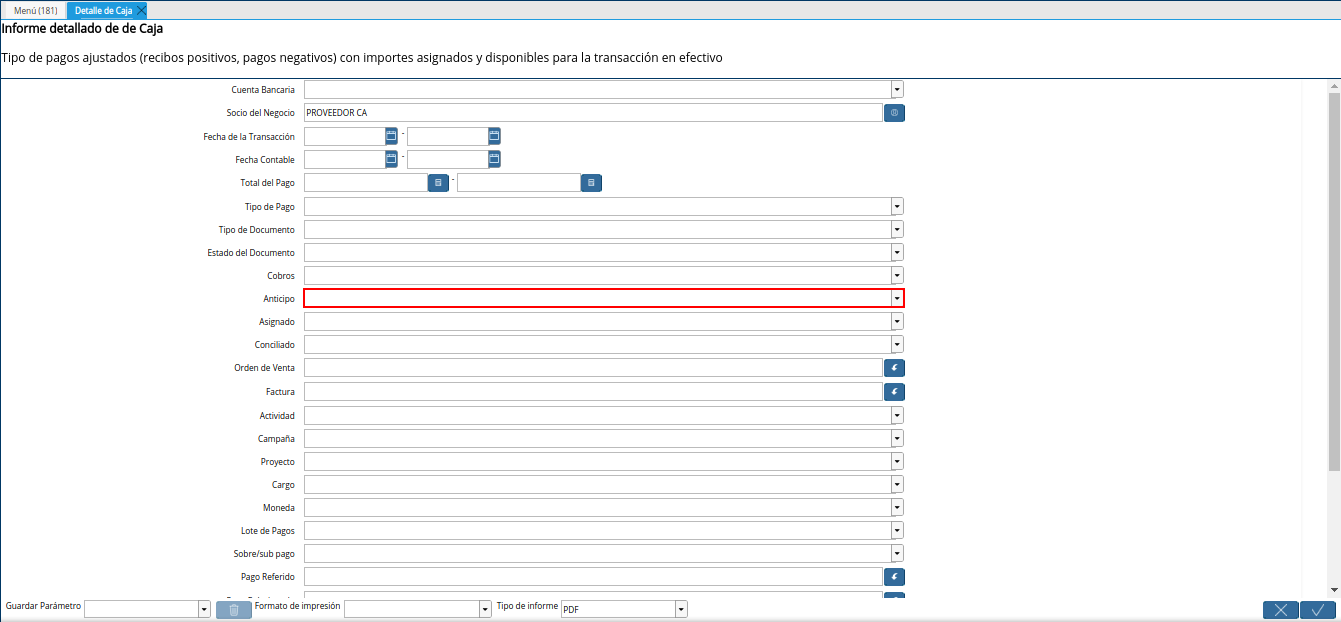 campo anticipo del reporte detalle de caja