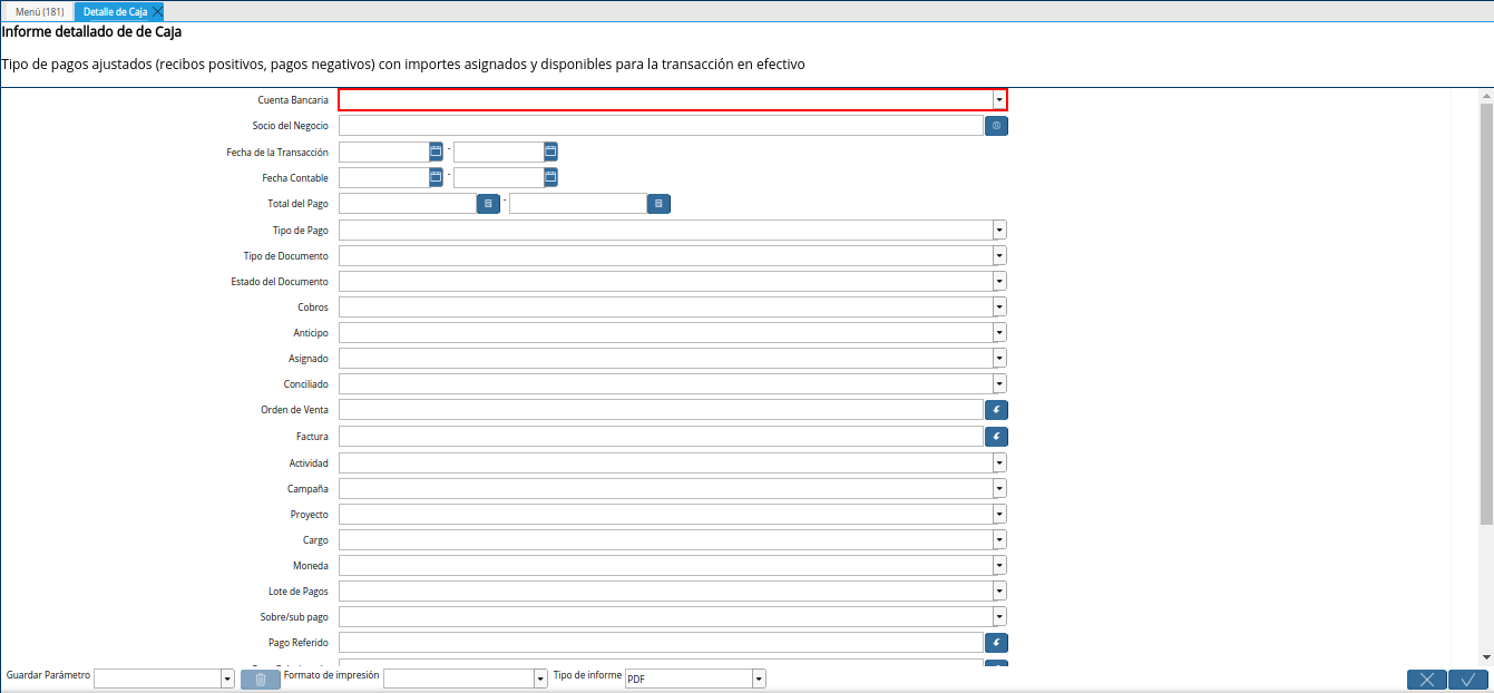 campo cuenta bancaria del reporte detalle de caja