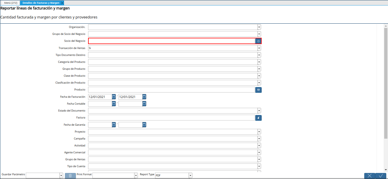 campo socio del negocio del reporte detalles de facturas y margen