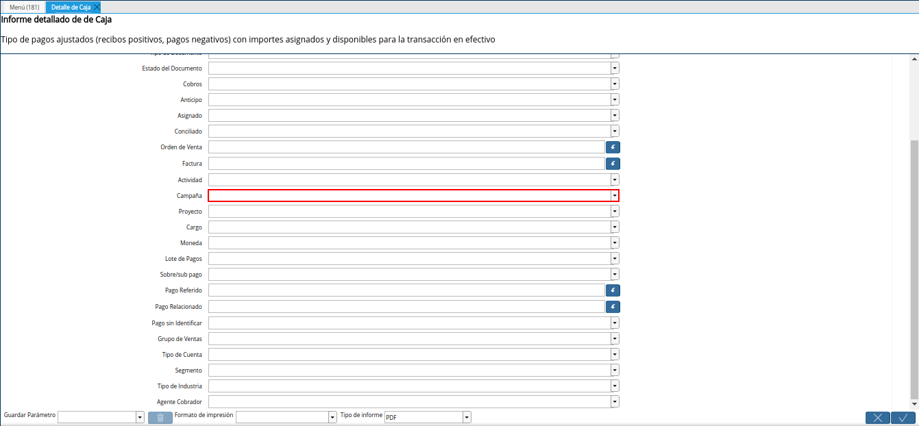 campo campaña del reporte detalle de caja