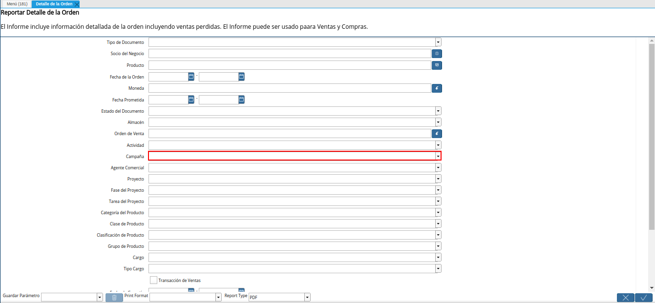 campo campaña del reporte detalle de la orden