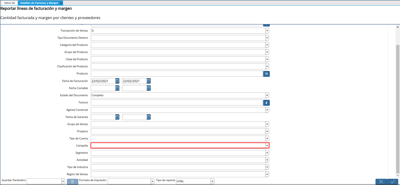 campo campaña del reporte detalles de facturas y margen según compras