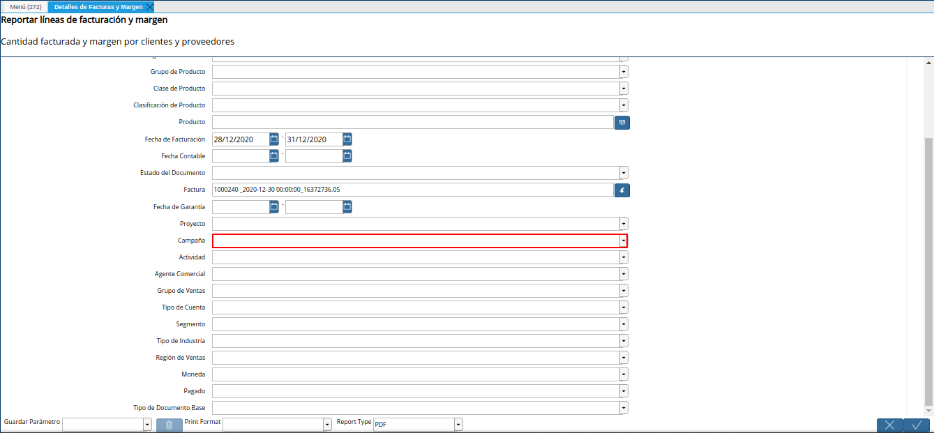 campo campaña del reporte detalles de facturas y margen