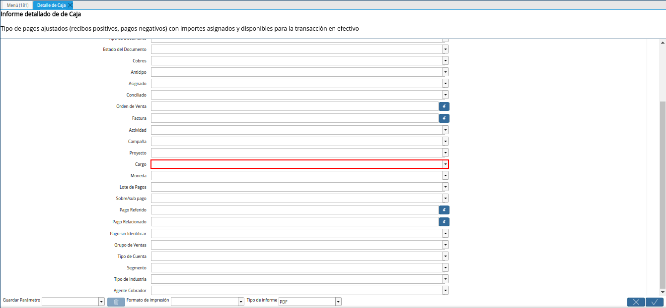 campo cargo del reporte detalle de caja