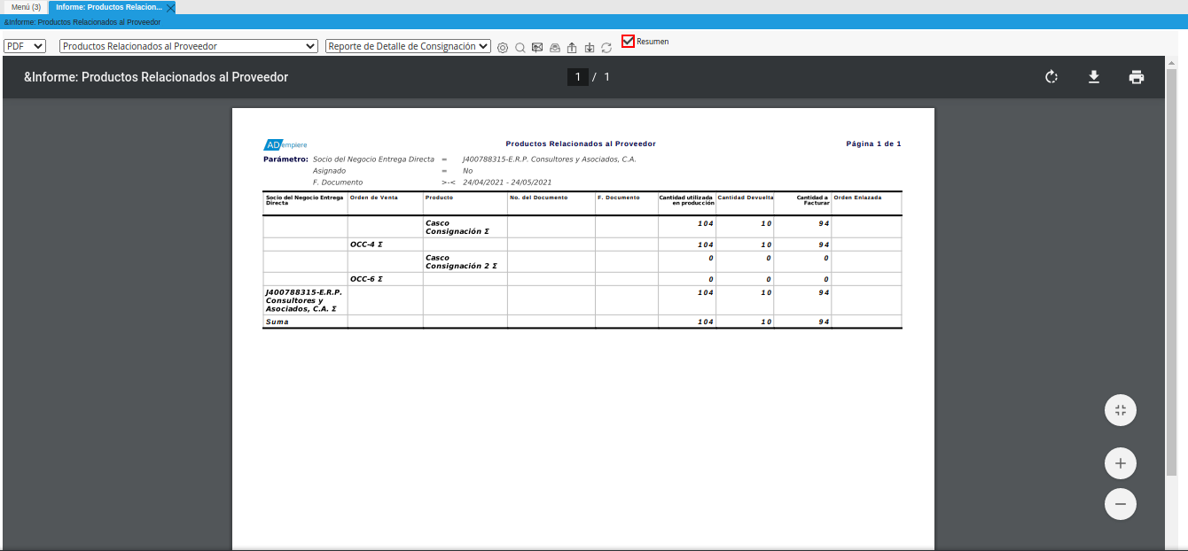 check resumen del reporte de detalle de consignación