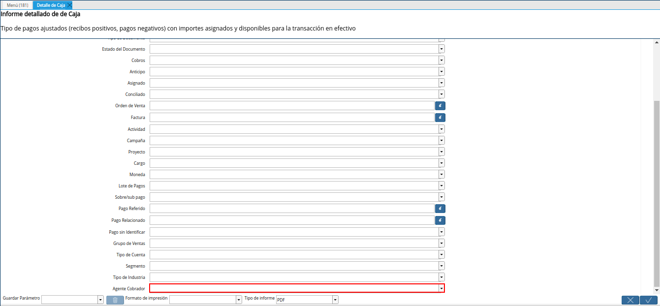 campo agente colaborador del reporte detalle de caja