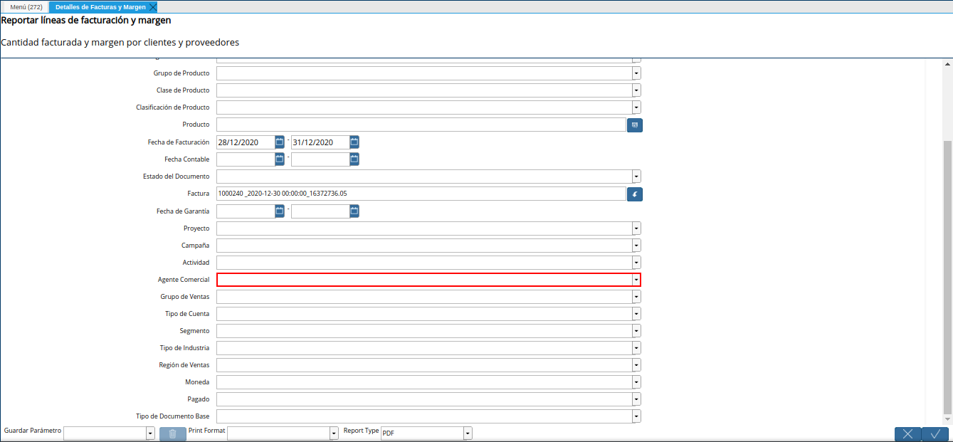 campo agente comercial del reporte detalles de facturas y margen