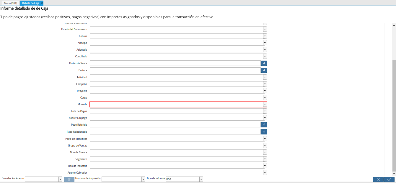 campo moneda del reporte detalle de caja