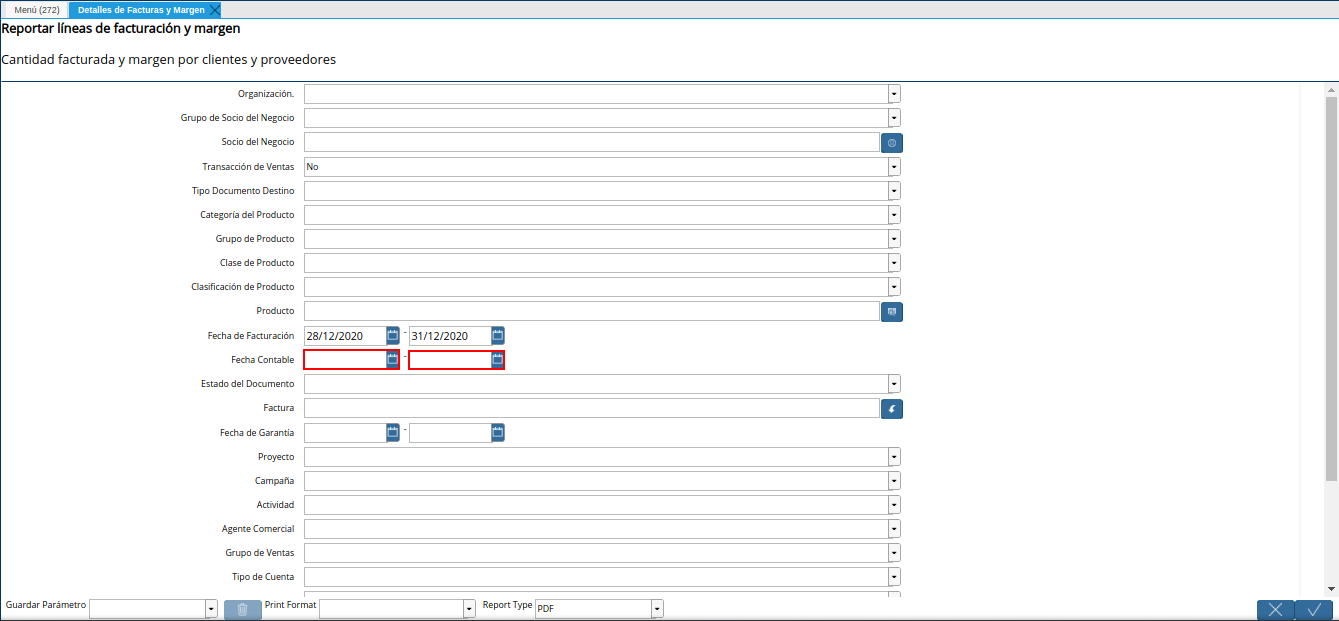 campo fecha contable del reporte detalles de facturas y margen