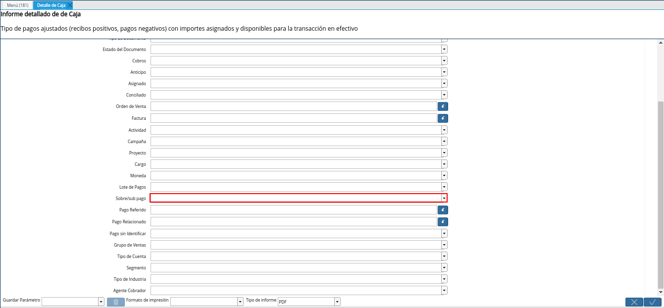 campo sobre sub pagos del reporte detalle de caja