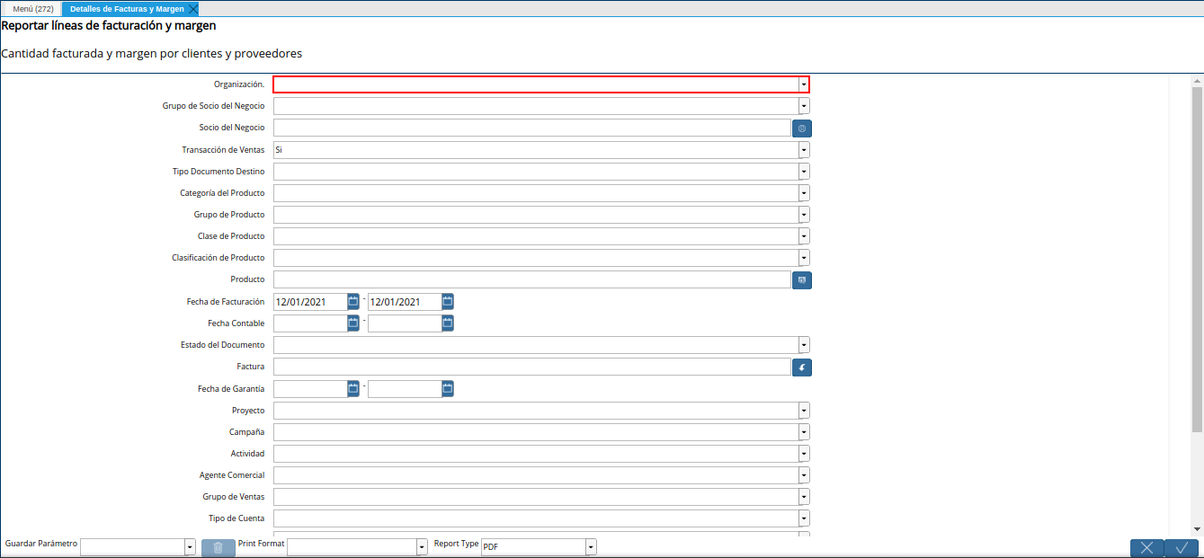 campo organización del reporte detalles de facturas y margen