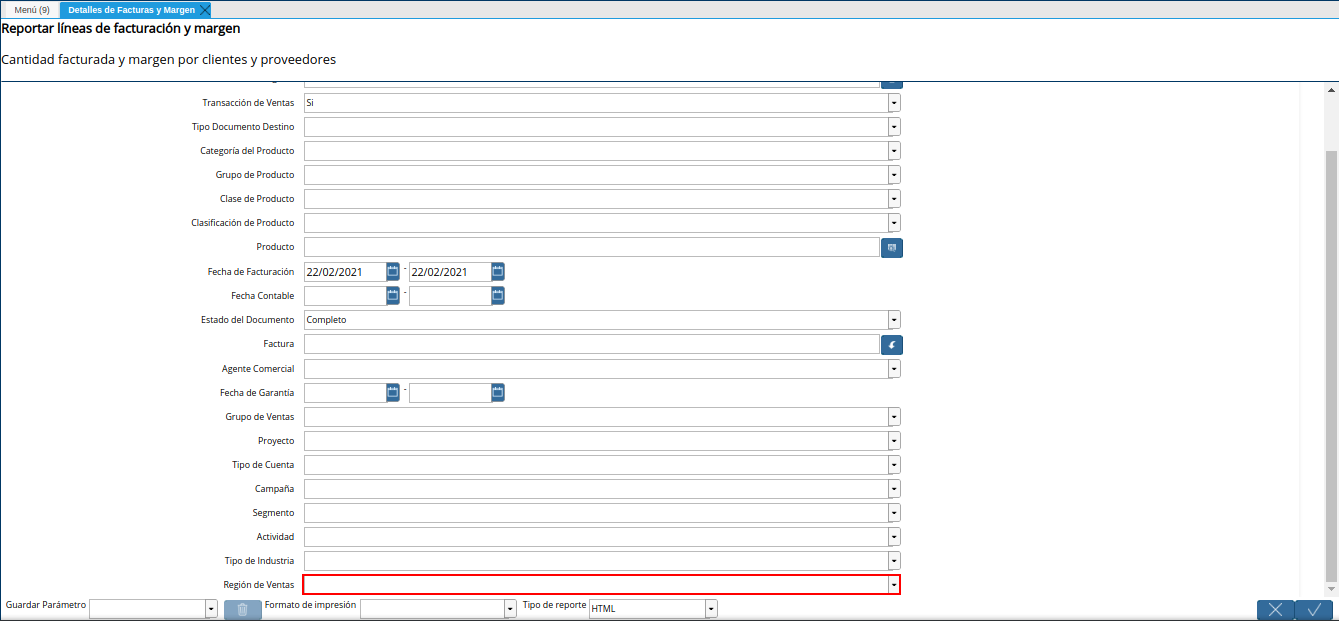 campo región de ventas del reporte detalles de facturas y margen según compras