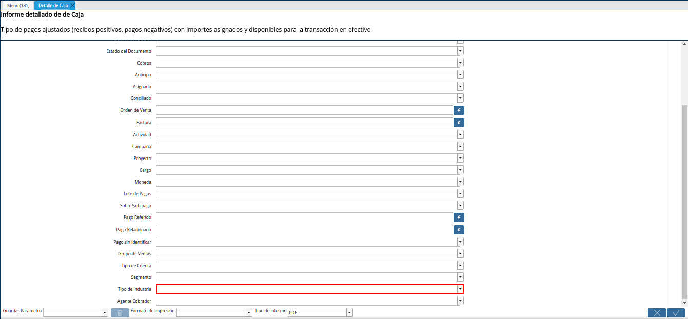 campo tipo de industria del reporte detalle de caja