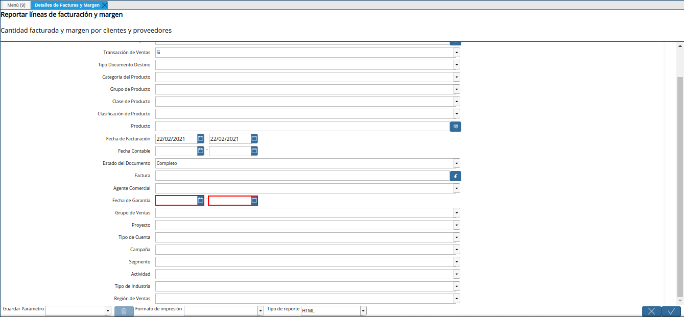 campo fecha de garantía del reporte detalles de facturas y margen según compras