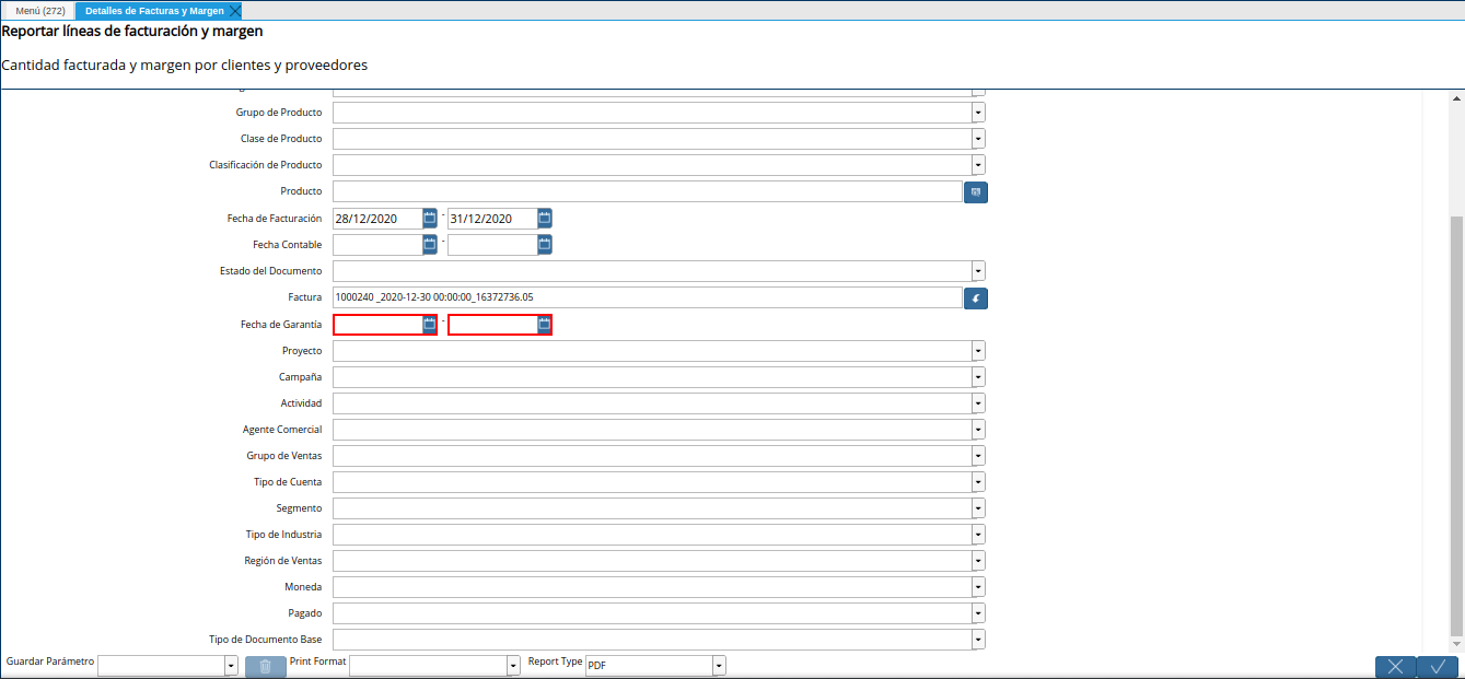 campo fecha de garantía del reporte detalles de facturas y margen