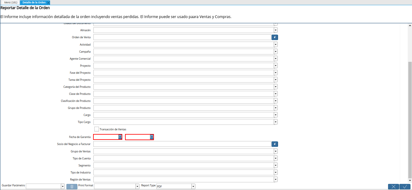 campo fecha de garantía del reporte detalle de la orden