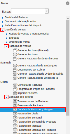 menú detalles de facturas y margen