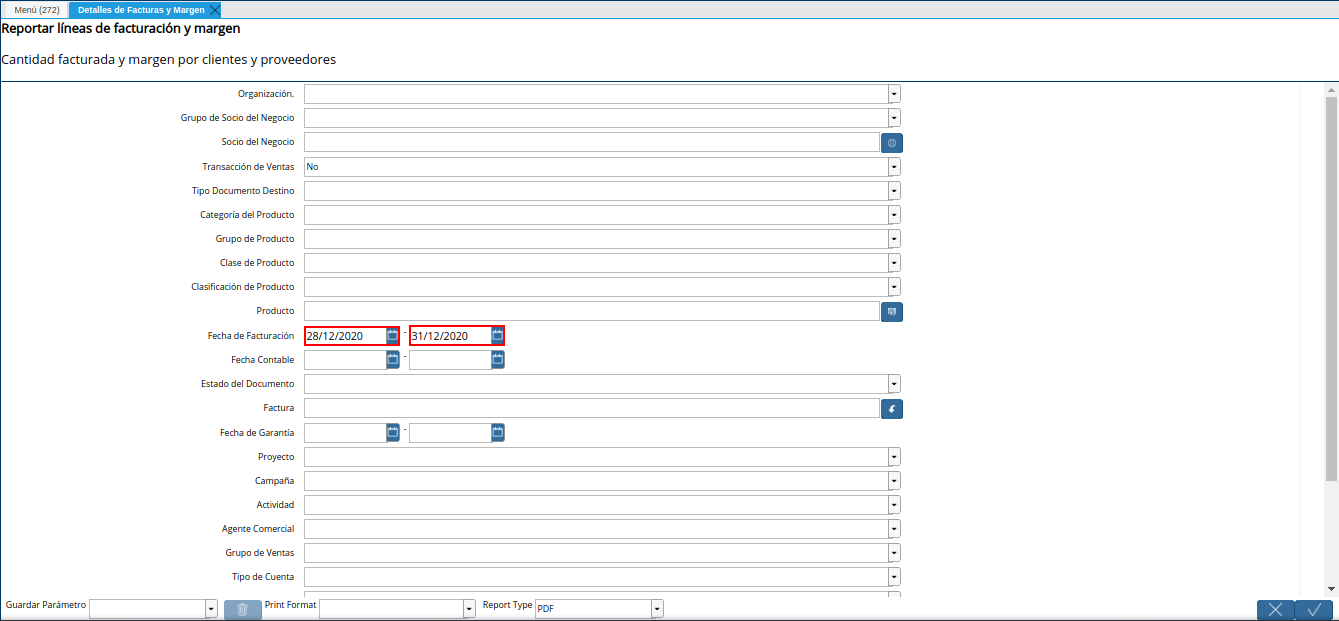 campo fecha de facturación del reporte detalles de facturas y margen
