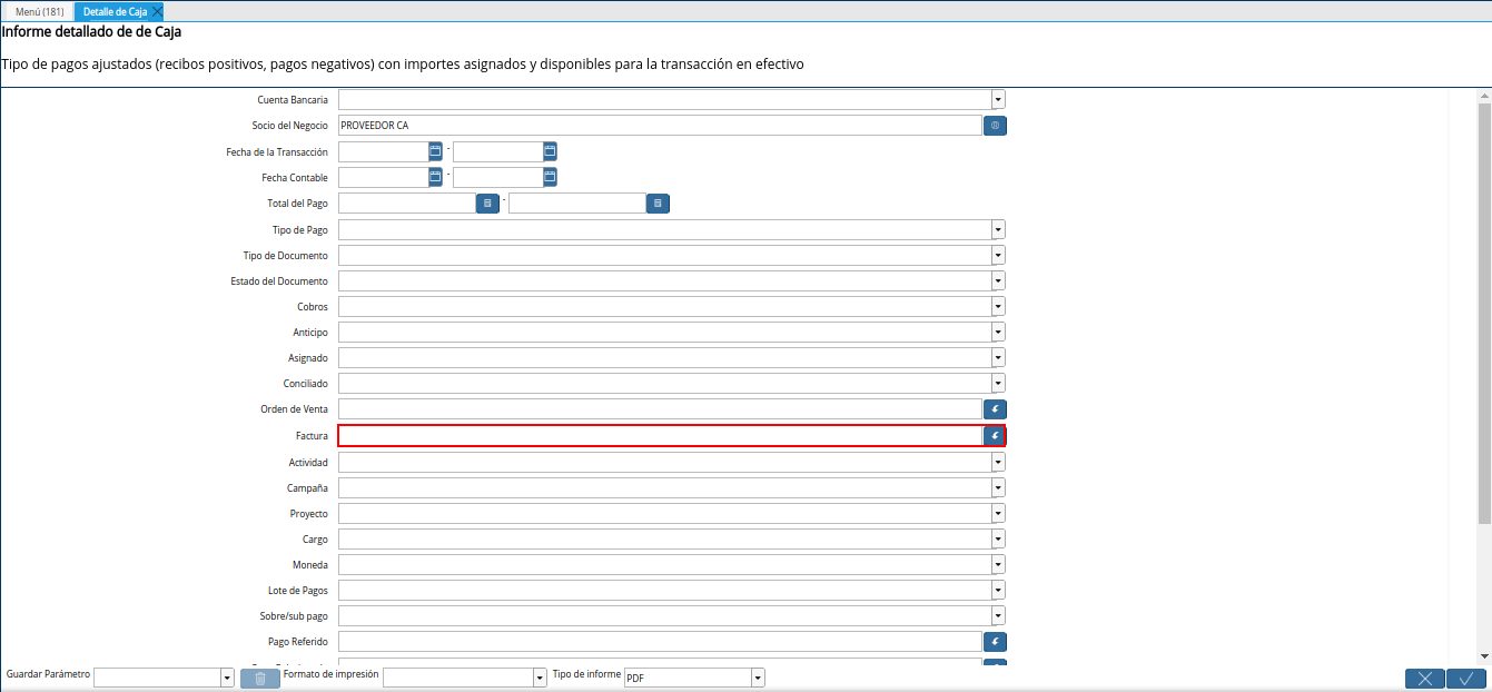 campo factura del reporte detalle de caja