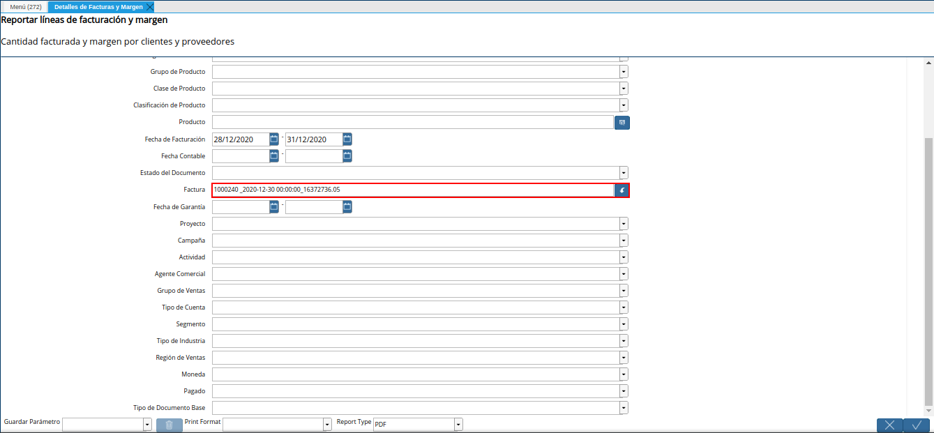campo factura del reporte detalles de facturas y margen