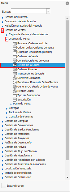 menú del reporte detalle de la orden