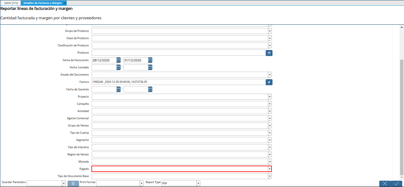 campo pagado del reporte detalles de facturas y margen