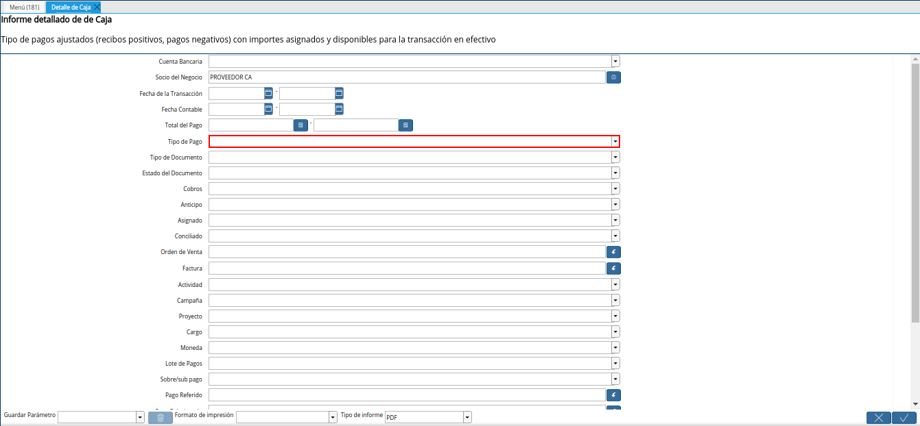 campo tipo de pago del reporte detalle de caja