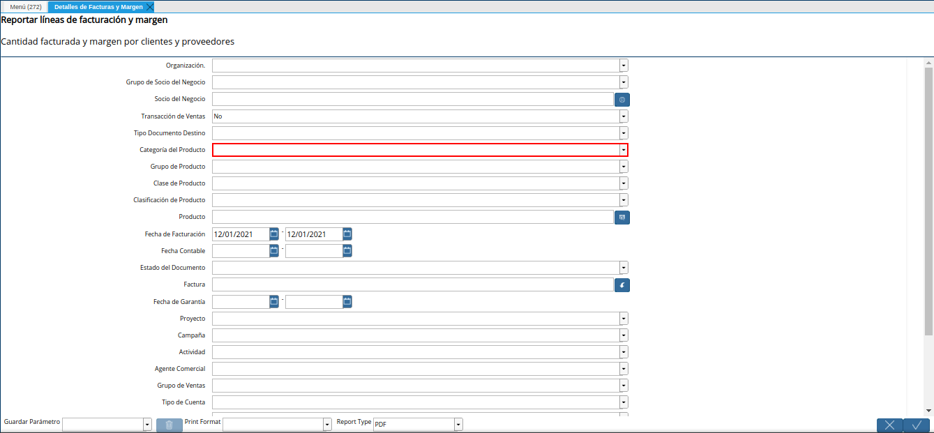 campo categoría del producto del reporte detalles de facturas y margen