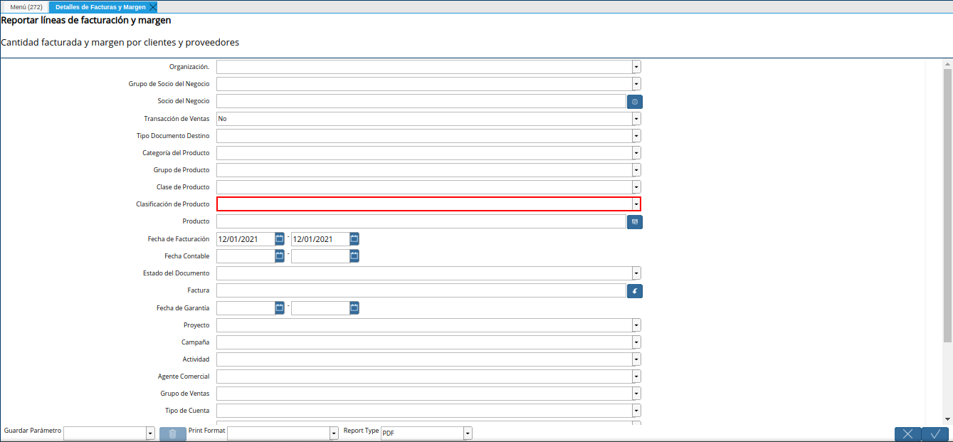 campo clasificación de producto del reporte detalles de facturas y margen