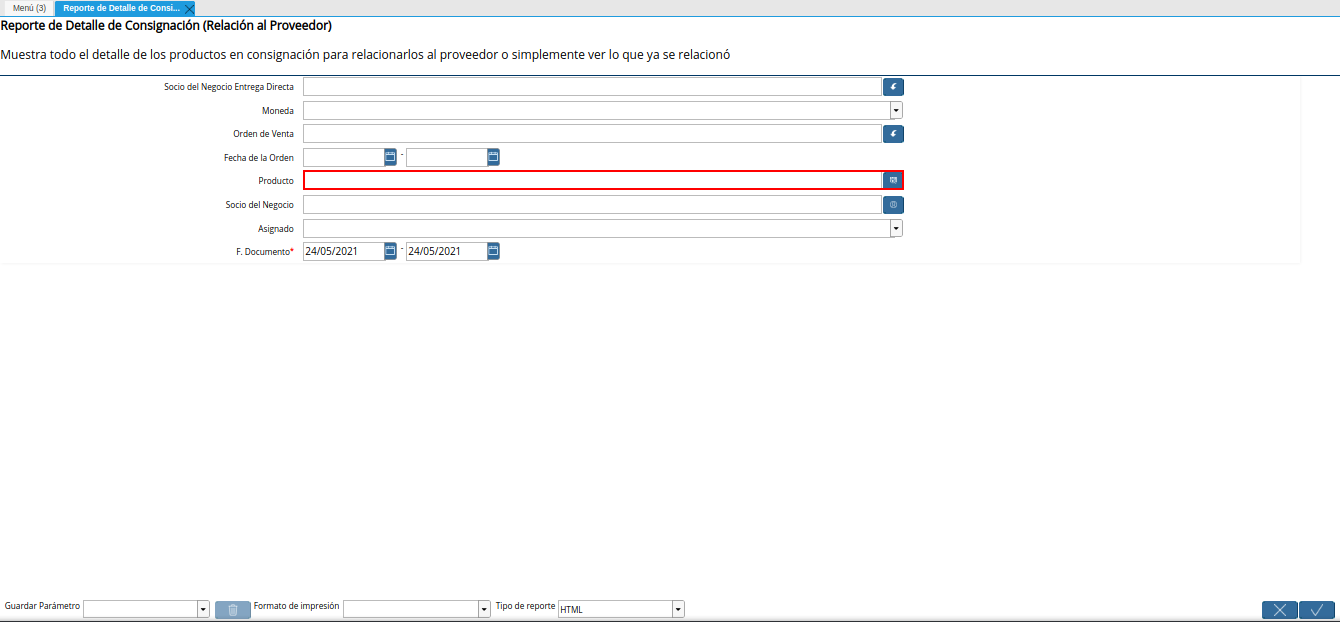 campo producto del reporte de detalle de consignación