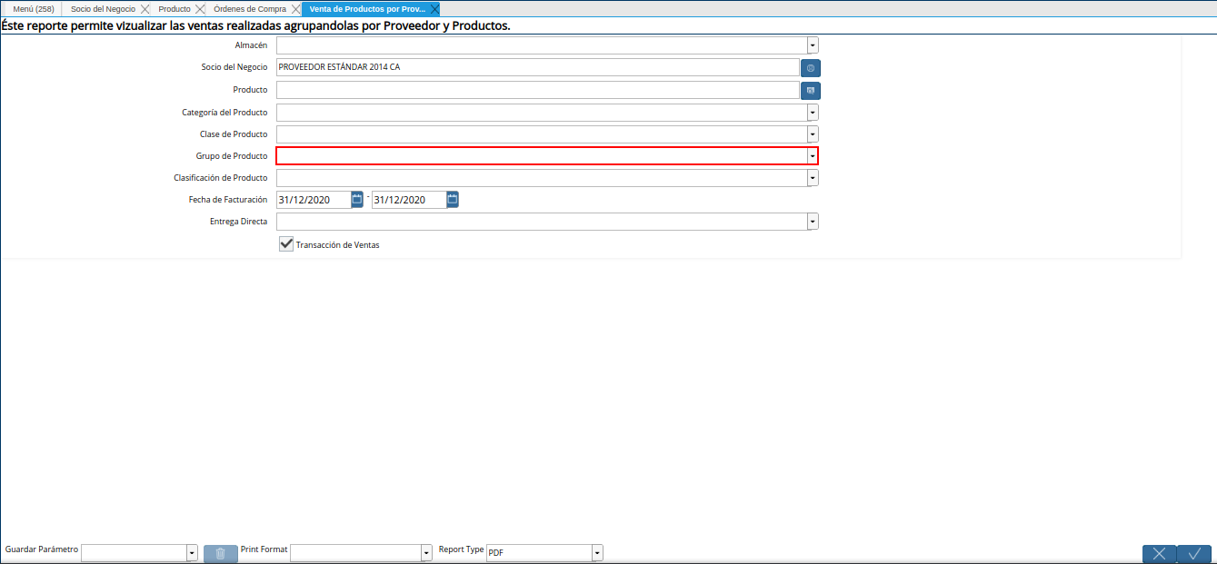 campo grupo de producto de la ventana del reporte venta de productos por proveedor