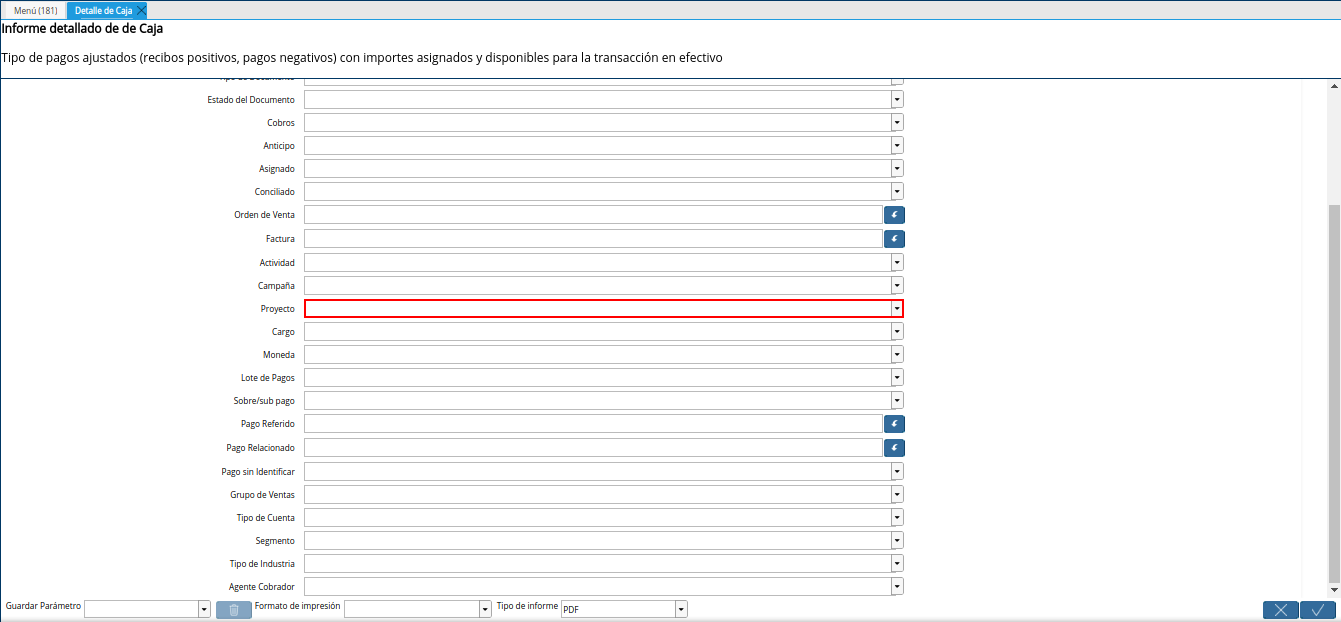 campo proyecto del reporte detalle de caja