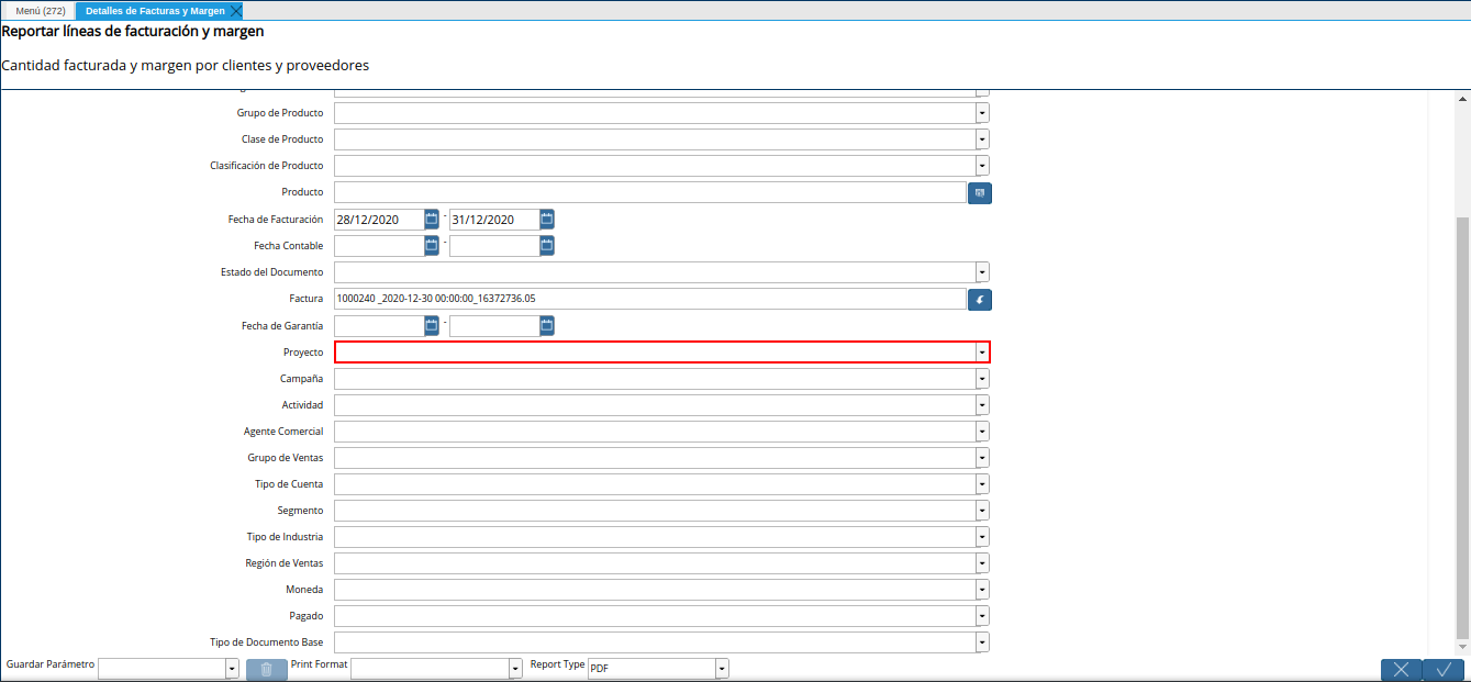 campo proyecto del reporte detalles de facturas y margen