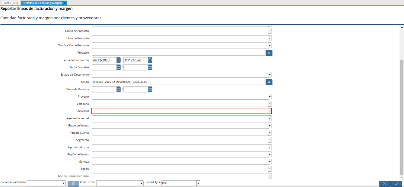 campo actividad del reporte detalles de facturas y margen