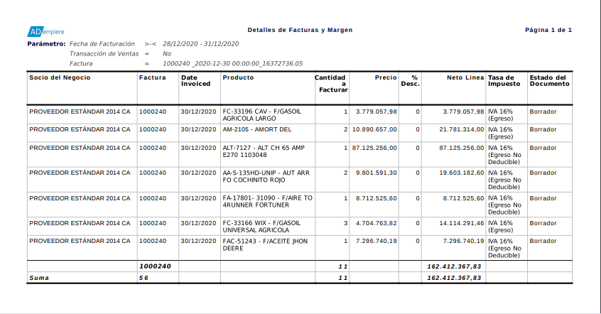 reporte detalles de facturas y margen