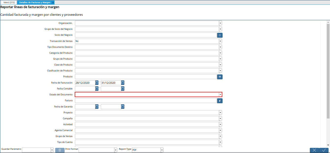 campo estado del documento del reporte detalles de facturas y margen